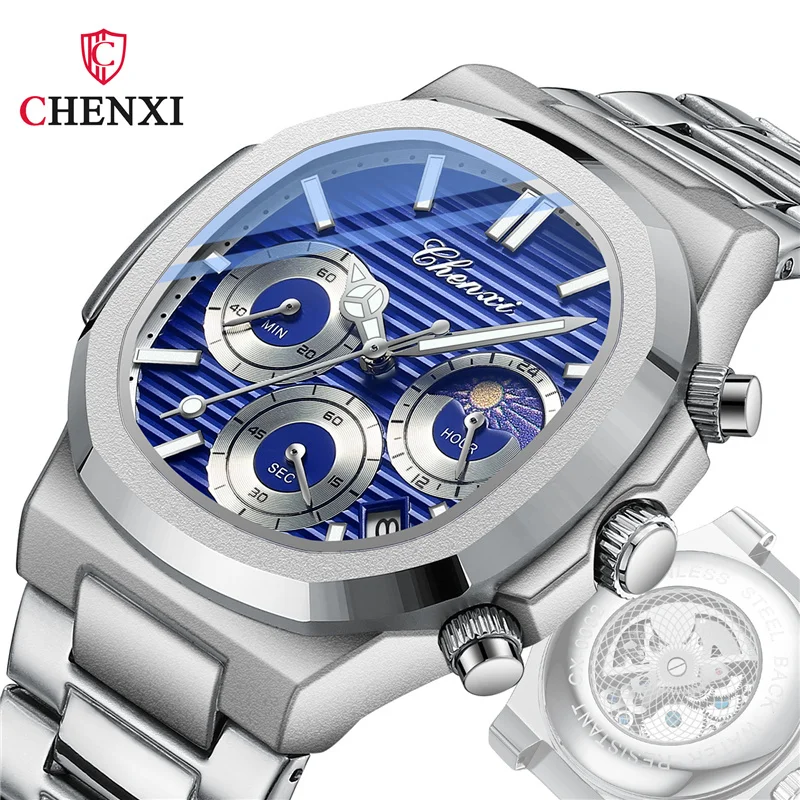 

CHENXI 0092 Men Quartz Watch Luxury Fashion Casual Creative Moon Phase Luminous Dial With Chronograph Steel Clock for Male Gift
