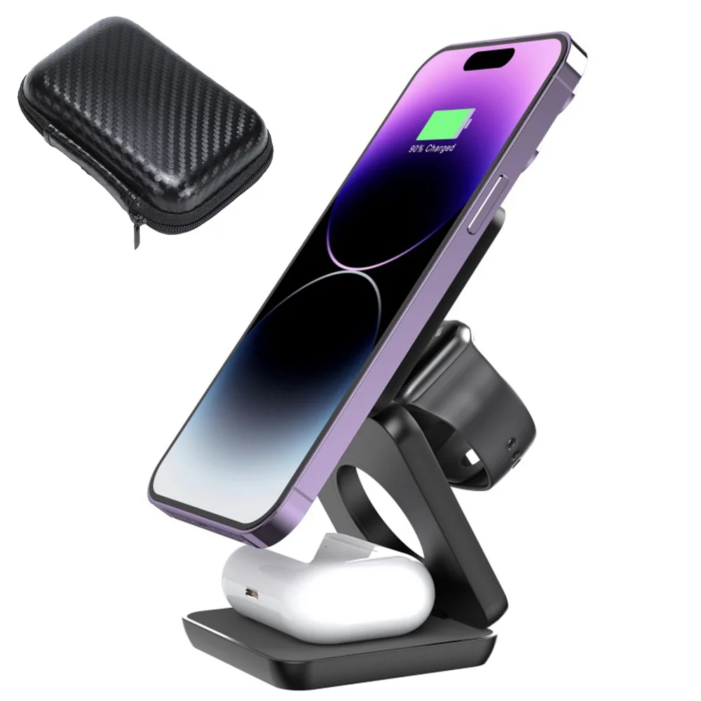 

Foldable Magnetic Wireless Charger Stand For IPhone 15 14 13 12 IWatch 8 7 Air-Pods Pro Dock Station 3 In 1 Fast Charging Holder