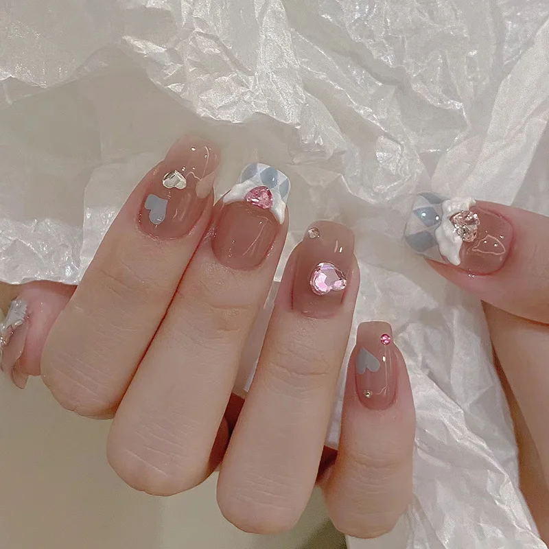 

Цветные накладные ногти с кристаллами, 24 шт., накладные ногти в Корейском стиле, носимые накладки с полным покрытием для французского акрилового маникюра для женщин