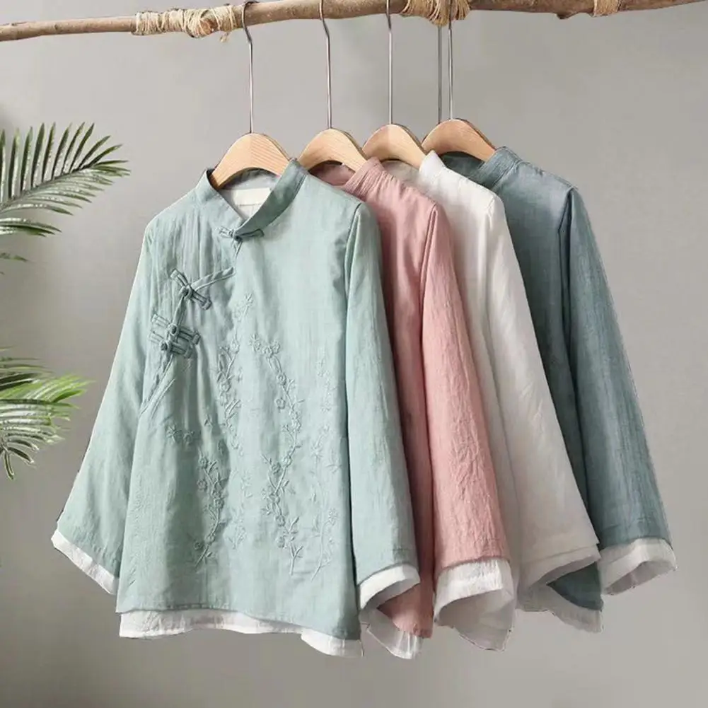 Women Spring Retro Top Embroidered Flower Pattern Knot Button Vintage Shirt Solid Color Loose Stand Collar Chinese Style Shirt
Women Spring Retro Top Embroidered Flower Pattern Knot Button Vintage Shirt Solid Color Loose Stand Collar Chinese Style Shirt