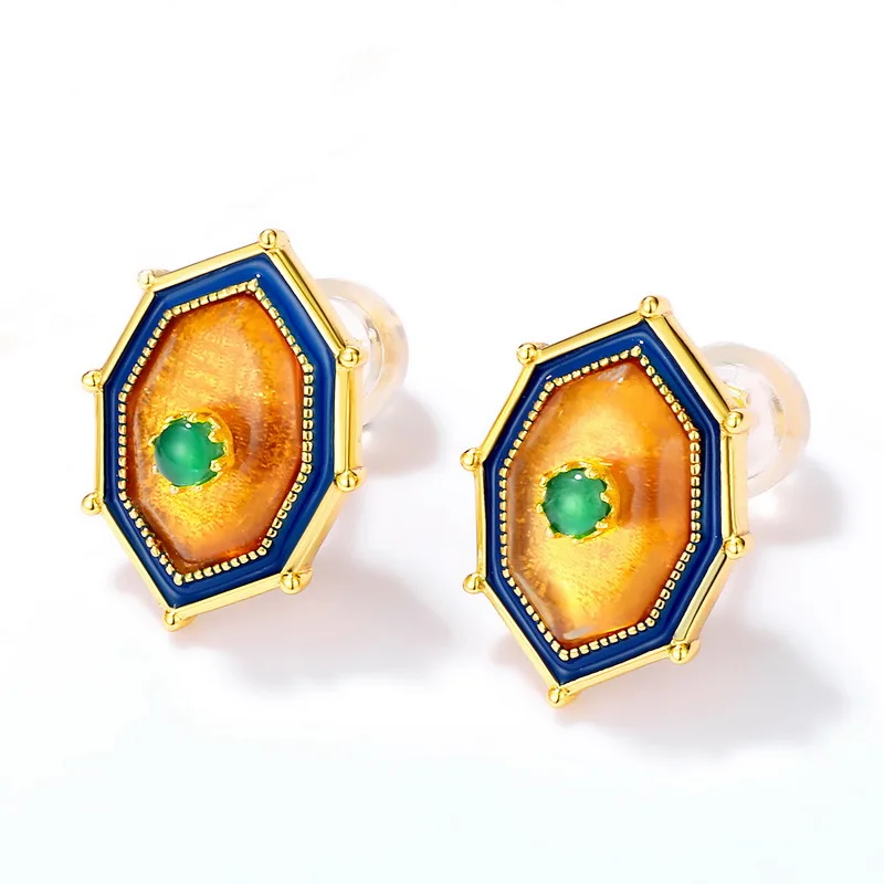 

100% Natural Amber Stud Earrings S925 Sterling Silver 9k Gold Plated Green Agate Baltic Ambers Geometric Ear Studs Women Gifts