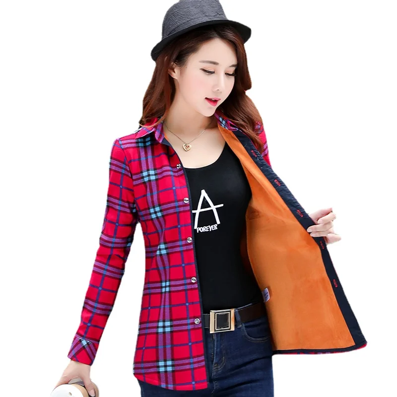 

Women Winter Keep Warm Cotton Plaid Blouse Fashion Long Sleeve Turn-down Collar Pocket Velvet Shirt Oversized M-4XLTops Blusas