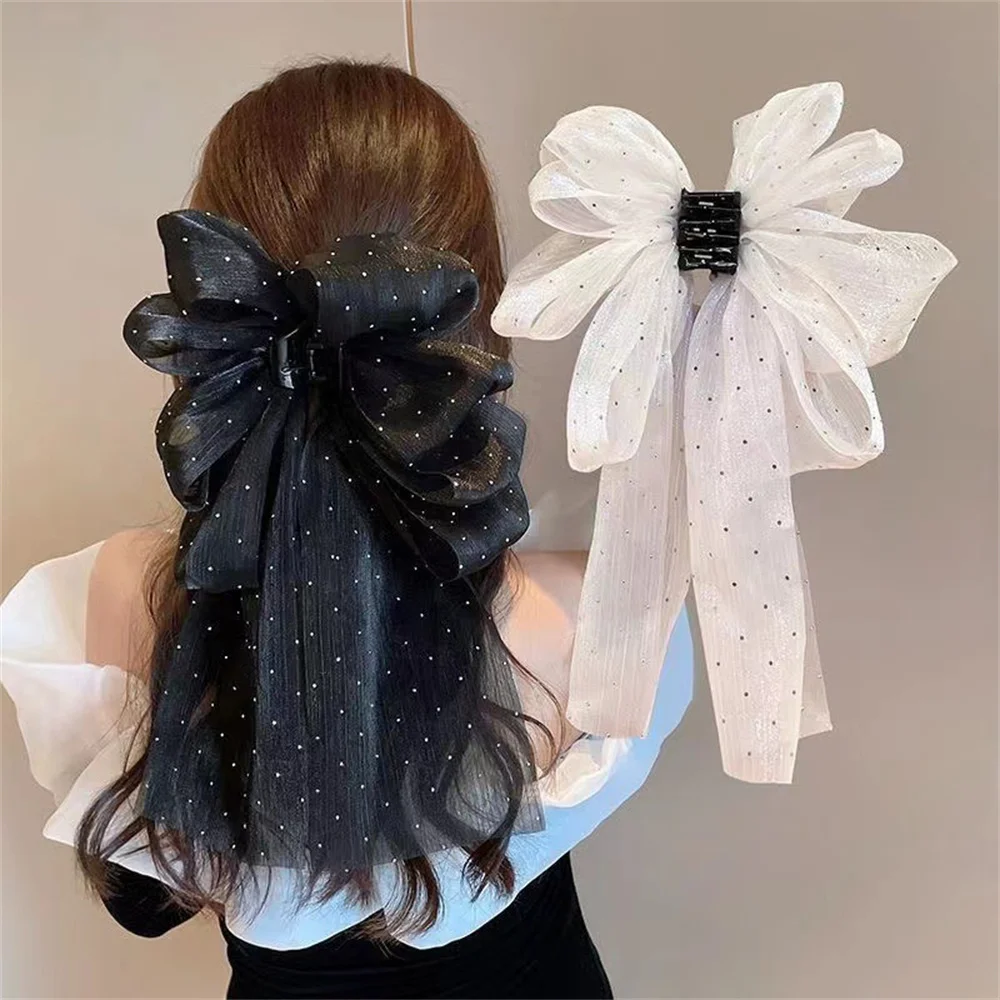 

Elegant Ribbon Mesh Bow Grip Clouds Polka Dots Grab Clip Ponytail Headband Headdress Hair Clip Women Fashion Hair Accessories