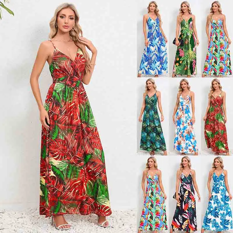 

Vintage Floral Long Dress Bohemia Casual Dresses Sexy V Neck Backless Halter Strapless Beach Sundress Vacation Clothes for Women