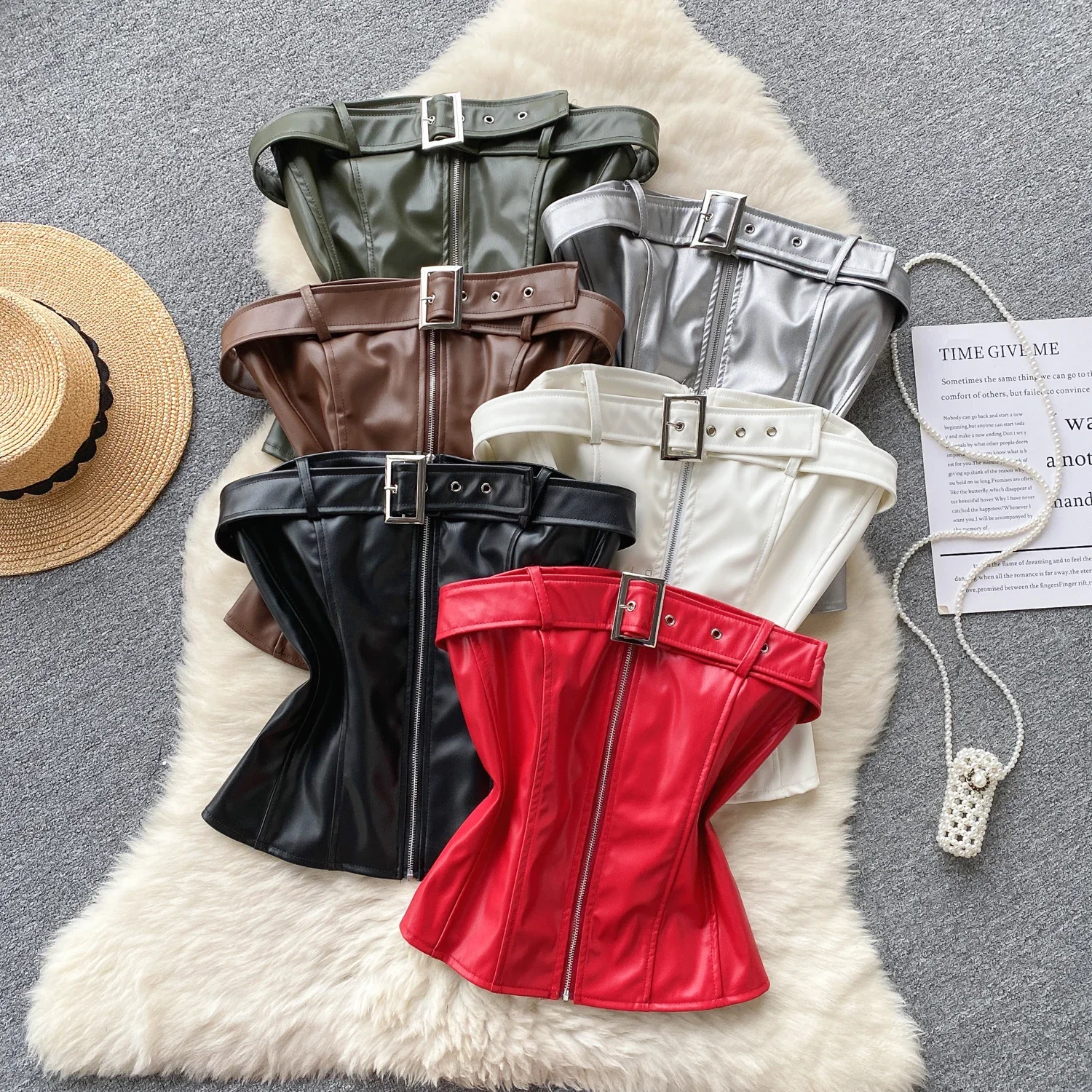 

Tank Top Women Strapless Cropped Sleeveless Zipper Leather Bustier Solid Color Autumn Backless Camisole Female Fashion Dropship