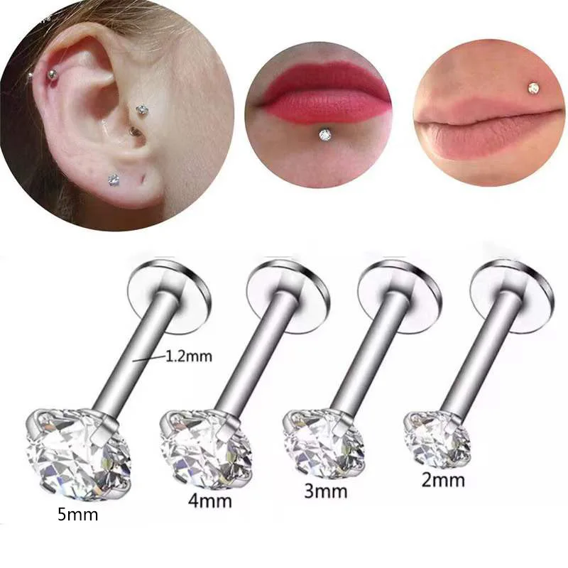 

1PC 16g Stainless Steel Labret Piercing Jewelry Crystal CZ Flat Nose Lip Studs Helix Tragus Conch Cartilage Earrings 6/8/10MM