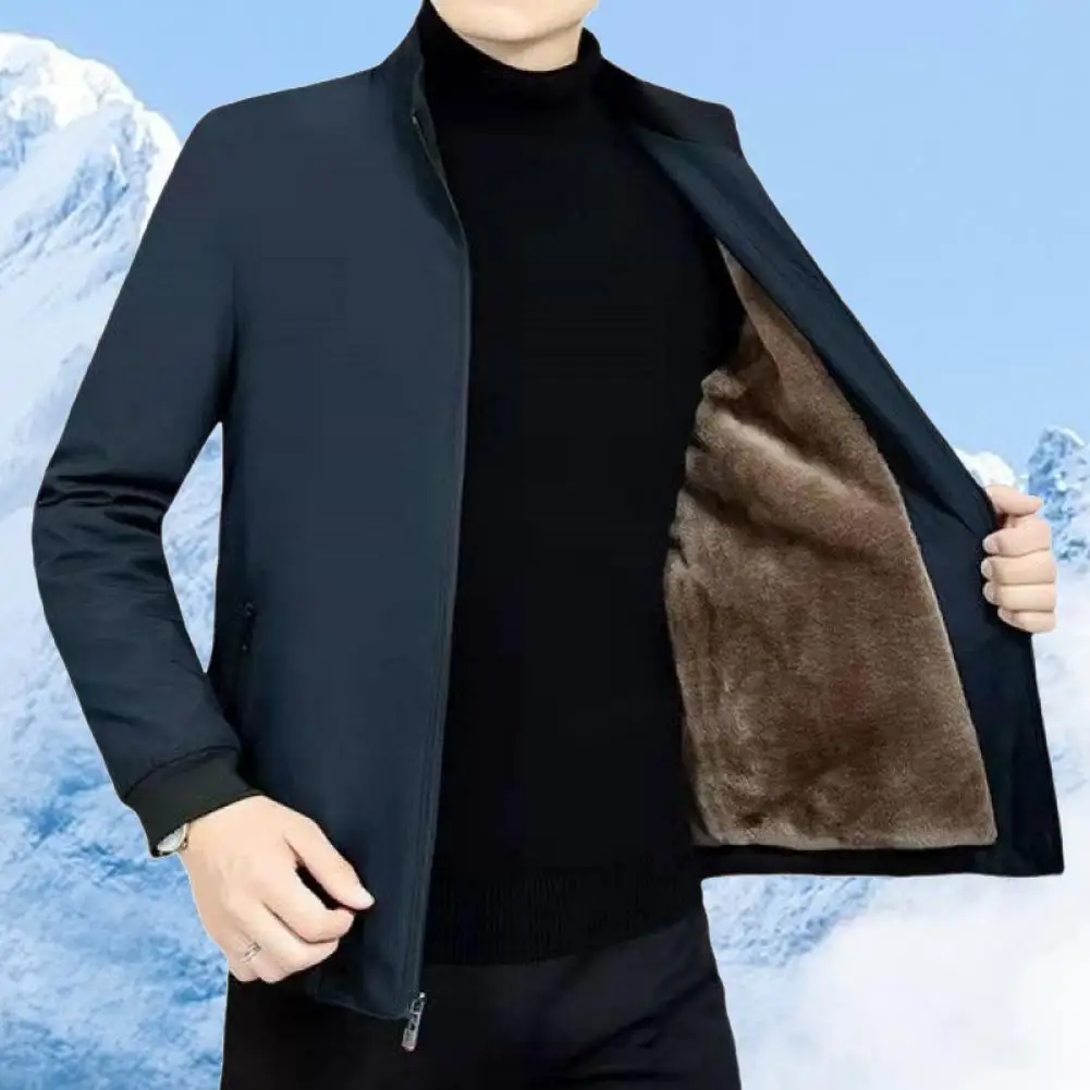 

Осенне-зимняя мужская куртка, утепленный плюшевый кардиган с воротником-стойкой и длинными рукавами, однотонный кардиган на молнии, пальто для отца