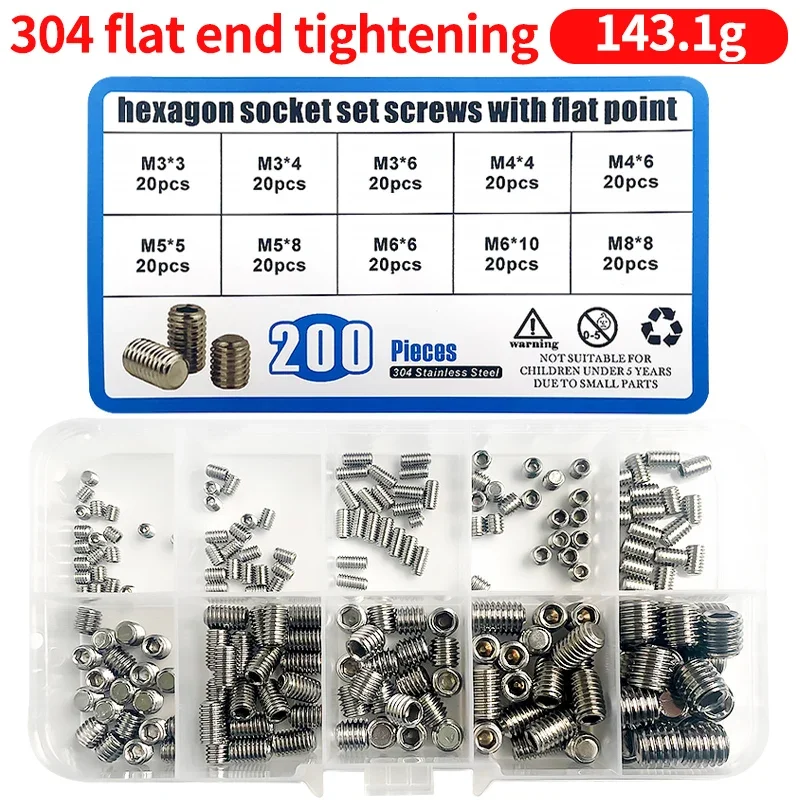 

200pcs/Box M3 M4 M5 M6 M8 304 stainless steel Allen Head Hex Hexagon Socket Flat Point Set Screw End Grub Headless Bolt