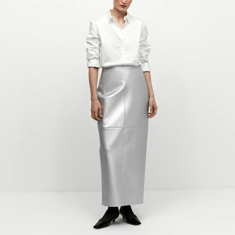 

PU Leather Half Skirt 2024 Spring Split Splicing Metallic Glossy Leather Wrap Buttocks Half Skirt for Women