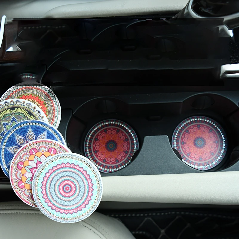 

Mandala Car Rhinestone Coaster Non-slip Diamond Anti-skid Water Cup Pad Bottle Holder Rubber Mat Auto Interior Accessories