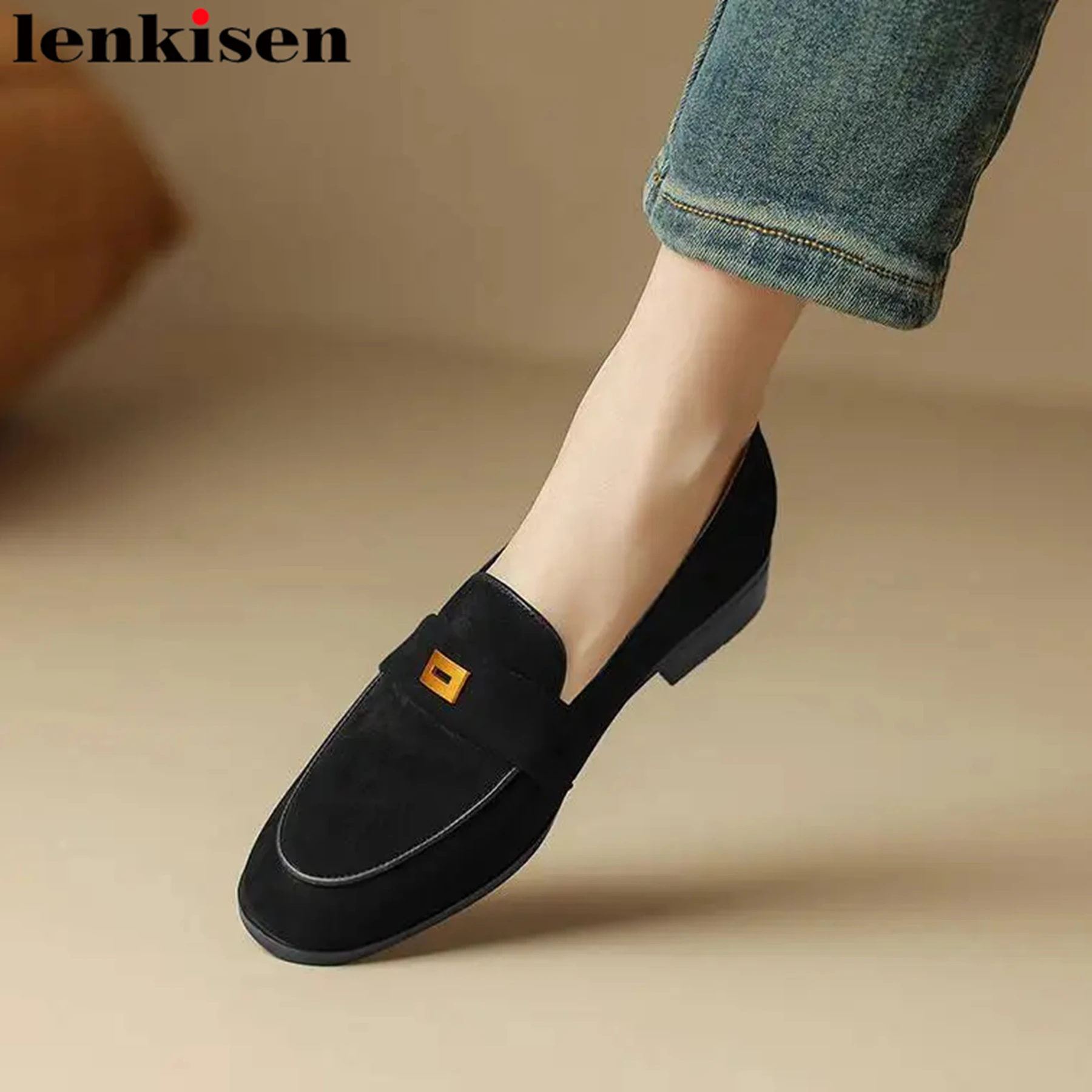 

Lenkisen Sheep Suede Low Heels Spring Brand Shoes Slip On Loafers Round Toe Street Wear Elegant Metal Fasteners Women Pumps