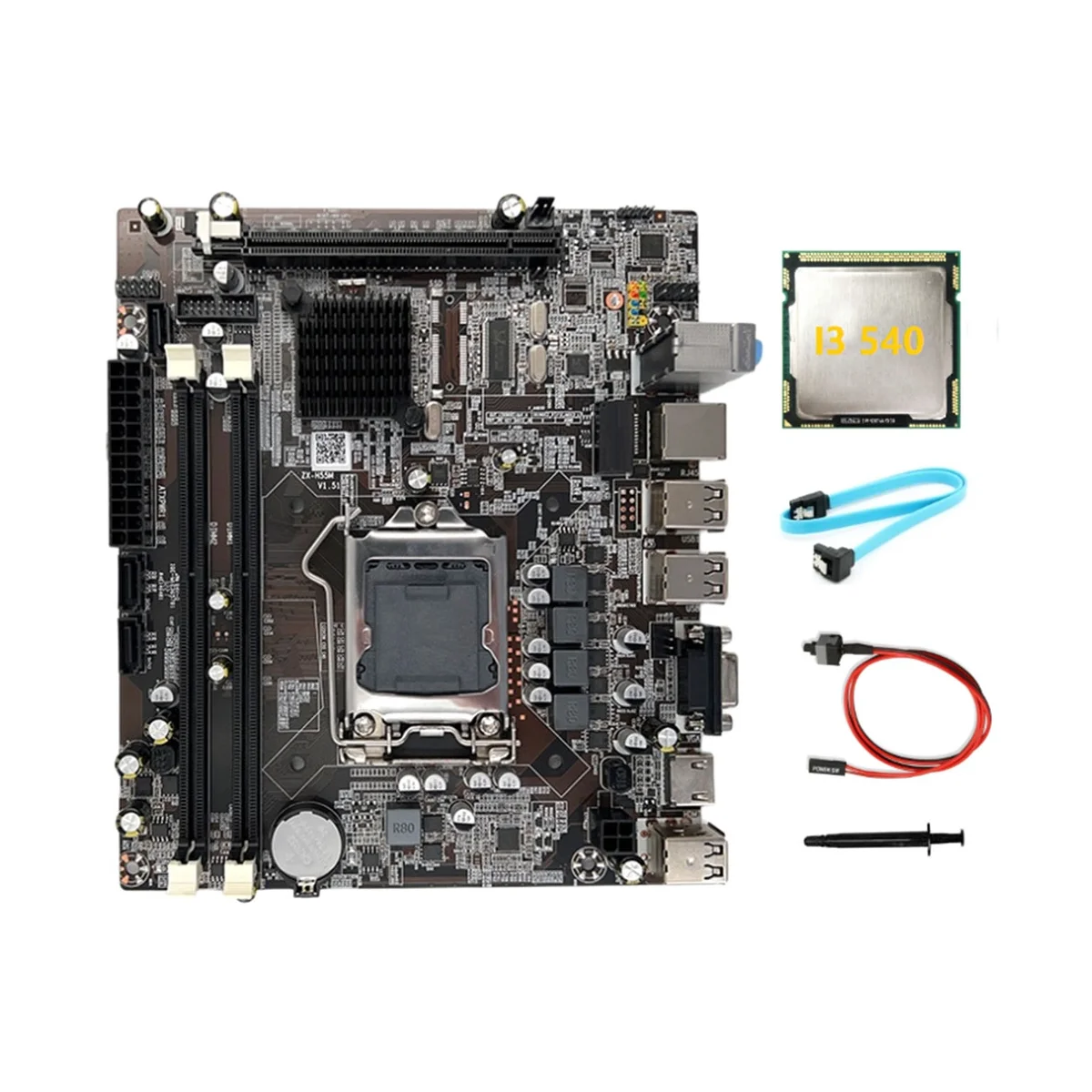 H55 Motherboard LGA1156 Supports I3 530 I5 760 Series CPU DDR3 Memory +I3 540 CPU+SATA Cable+Switch Cable+Thermal Grease 
H55 Motherboard LGA1156 Supports I3 530 I5 760 Series CPU DDR3 Memory +I3 540 CPU+SATA Cable+Switch Cable+Thermal Grease