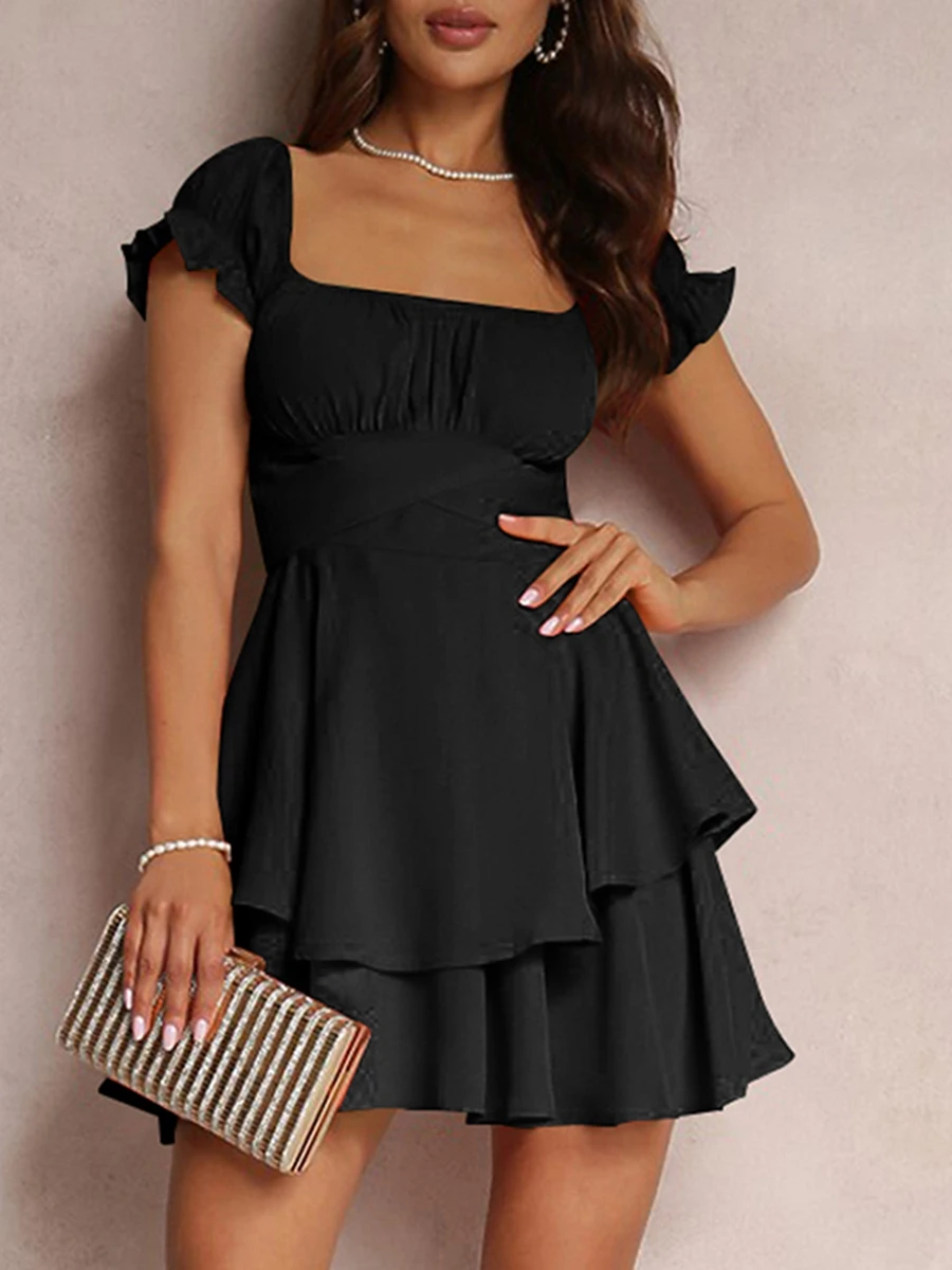 

Women's Mini A-Line Dress Solid Color Ruffled Sleeves Square Neck Layered Hem Dress