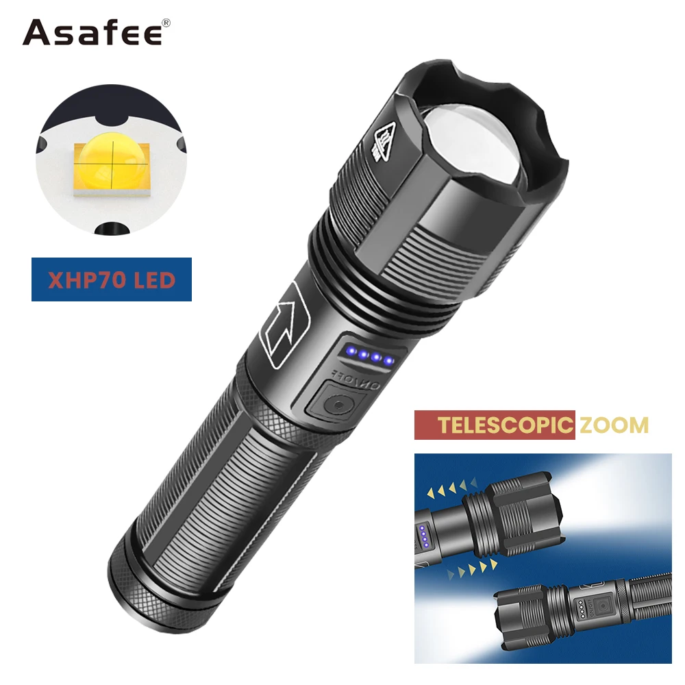 Asafie Strong Light Flashlight XHP70 LED Telescopic Zoom Torch USB Rechargeable Lamp Charged Quantity Display
Asafie Strong Light Flashlight XHP70 LED Telescopic Zoom Torch USB Rechargeable Lamp Charged Quantity Display