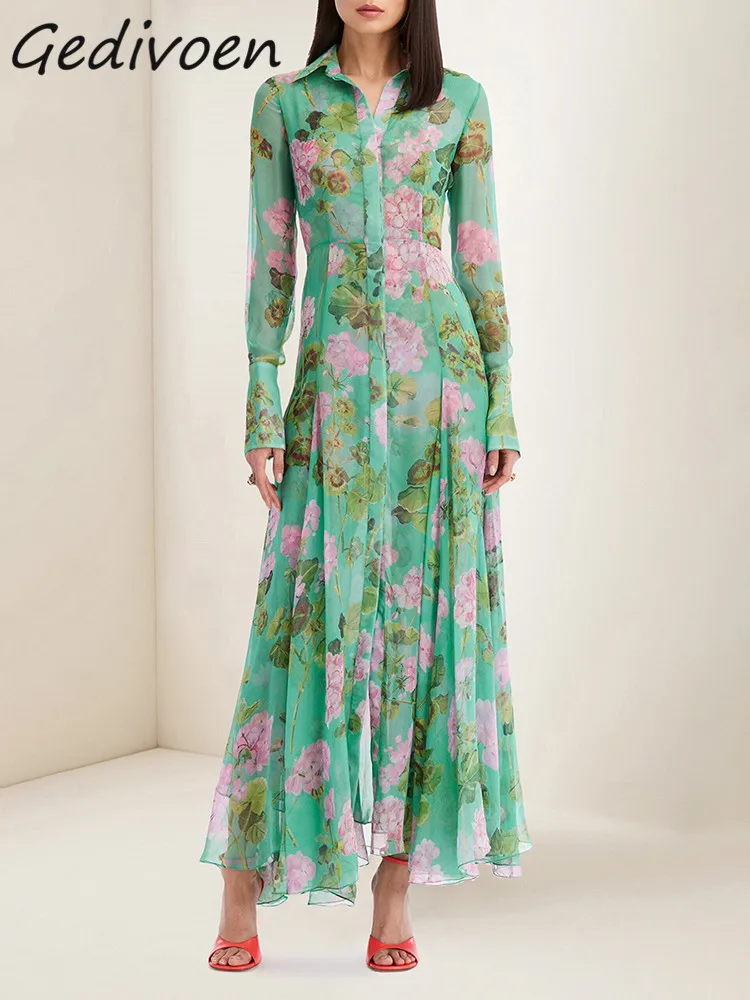 Gedivoen Summer Fashion Designer Vintage Single Breasted Dress Women Turn-down Collar Ruffles Green Print High Waist Long Dress
Gedivoen Summer Fashion Designer Vintage Single Breasted Dress Women Turn-down Collar Ruffles Green Print High Waist Long Dress