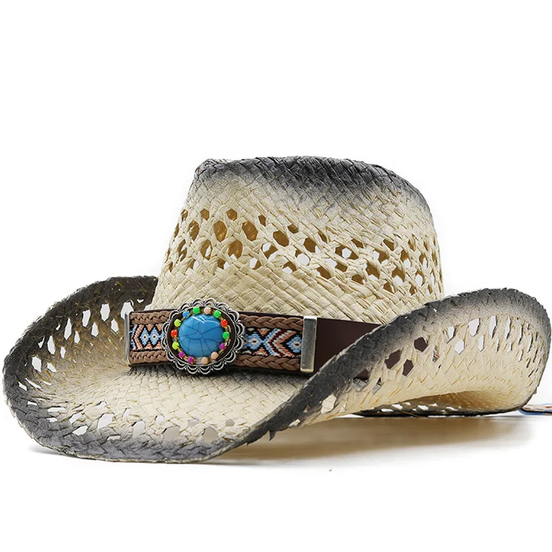 

Vintage Retro Turquoise Beads Leather Belt Hollowed Out Women Men Straw Wide Brim Beach Cowboy Cowgirl Western Sun Hat