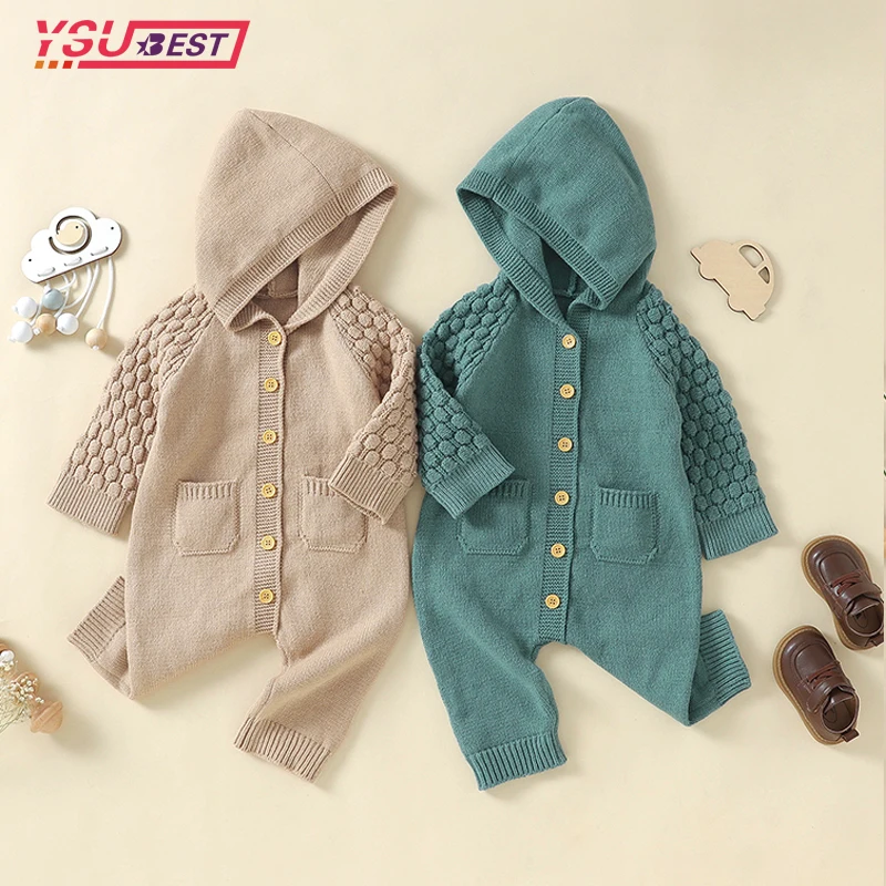 

Newborn Boys Girls Knitted Jumpsuits Autumn Baby Rompers Hood Long Sleeve Playsuits Winter Toddler Infant Outfits Clothes 0-18M