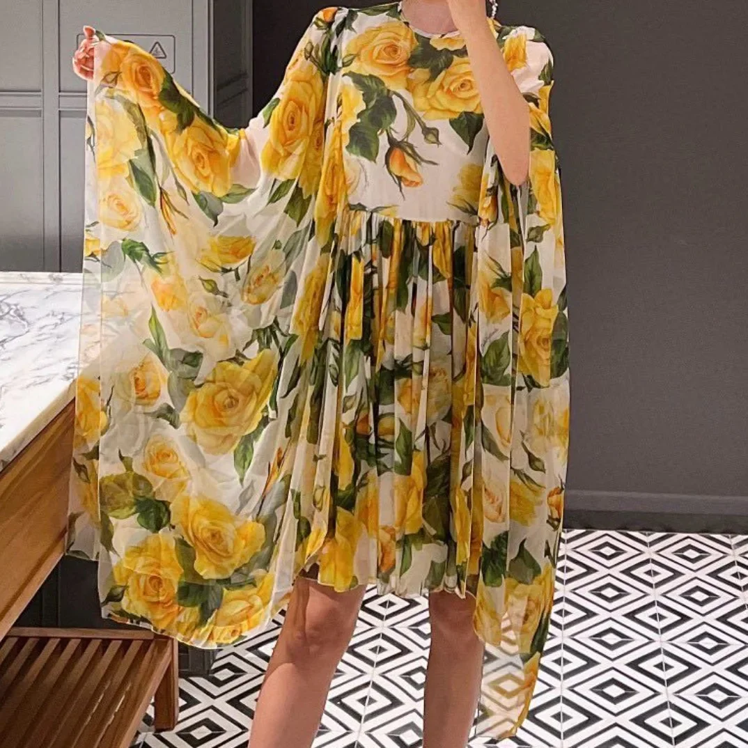 

2024 New White Yellow Rose Print Long Dolman Sleeve O Neck Mini Dress