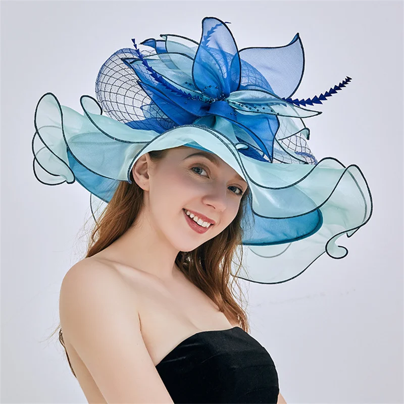 

2023 Summer Church Hats For Women Elegant Large Brim Organza Fascinator Party Wedding Fedora Big Flower Ladies Sun Hat