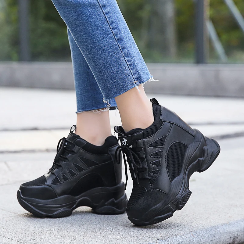 

NEW Women Ankle Boots Spring Autumn PU Leather Shoes Woman Platform Height Increased Sneakers 10 CM Thick Sole Wedges