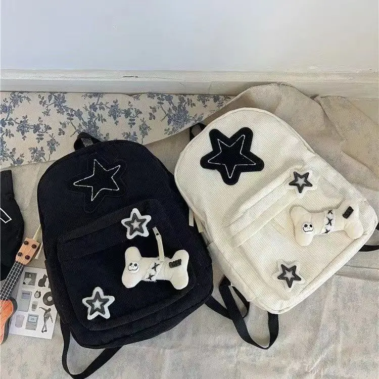 

Вместительные рюкзаки Y2k для девочек со звездами, милые вельветовые школьные ранцы в стиле преппи для студентов, корейские модные черные женские повседневные Рюкзаки
