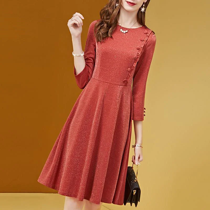 

Middle Aged And Young People Spring Mid Length Long Sleeved Button Singleton Dress 2024 New Fashion Temperament Slim Fit Skirt