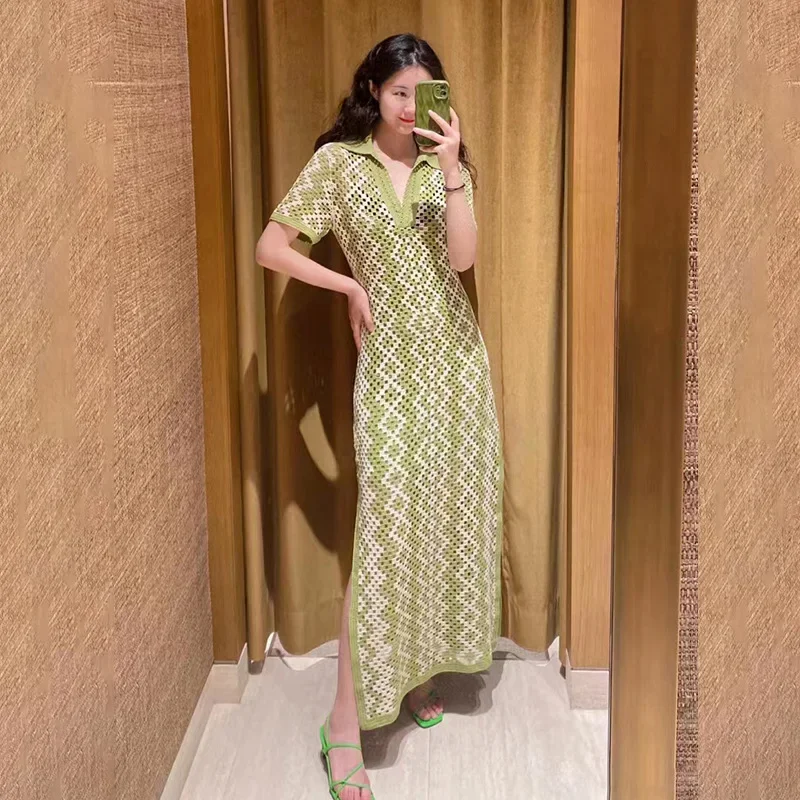 Women Slim Long Robe Geometric Pattern Hollow Out Elegant Summer New Turn Down Collar Short Sleeve Long Dress
Women Slim Long Robe Geometric Pattern Hollow Out Elegant Summer New Turn Down Collar Short Sleeve Long Dress