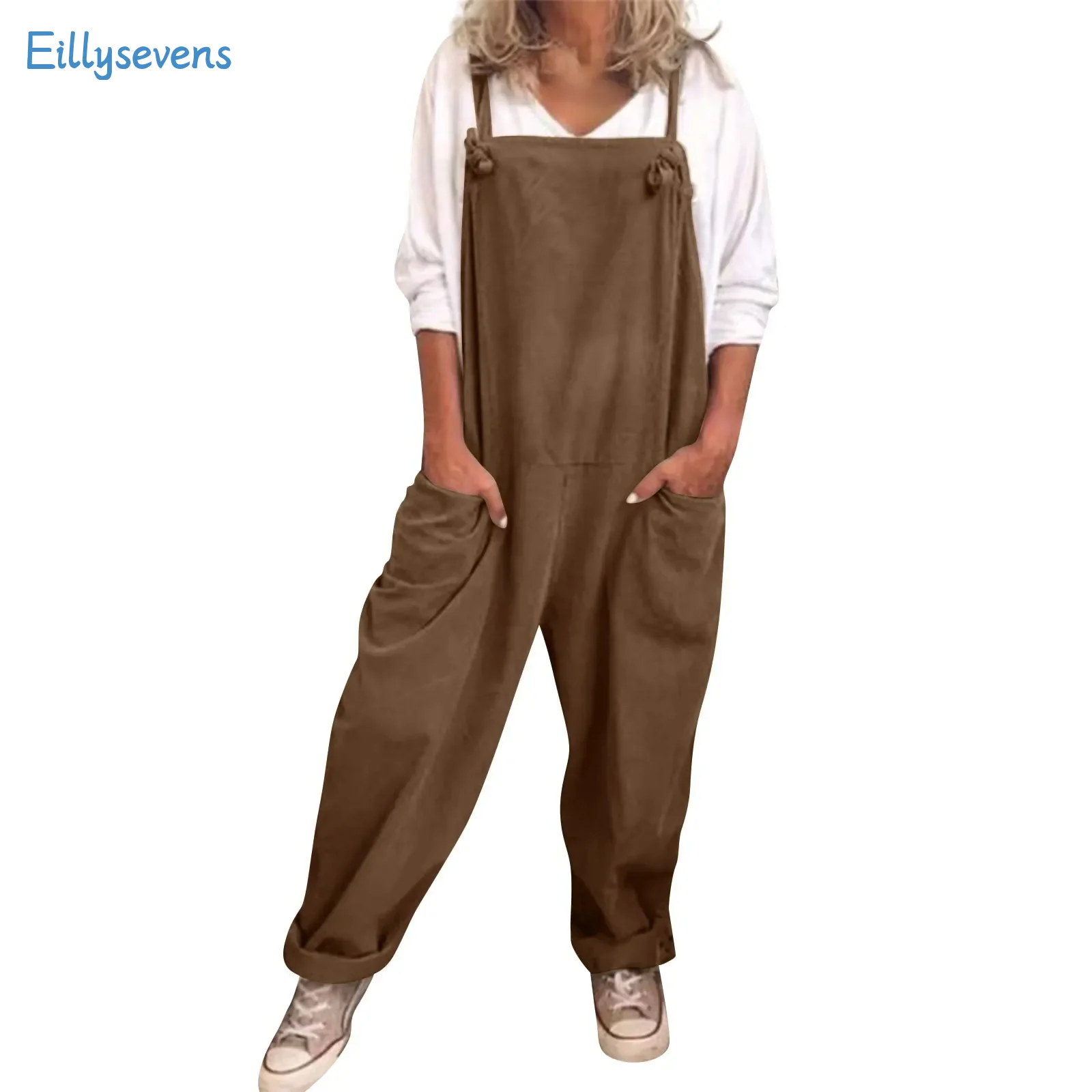 

Womens Plus Size Overalls Jumpsuits Casual Solid Color Loose Comfy Dungarees Rompers Suspender Knot Cargo Style Playsuit
