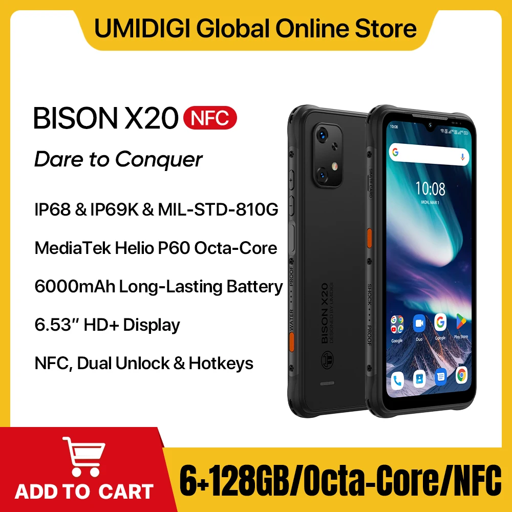 

UMIDIGI BISON X20 Rugged Smartphone 6000mAh Battery NFC MTK Helio P60 Octa-Core 6GB 128GB 6.53" HD Android 13 Cell Phone