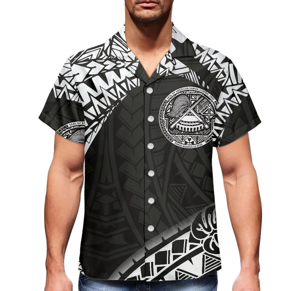 

American Samoa Plus Size Print Black Shirt Cuban Version Men Shirt Summer Short Sleeve Lapel Clothing Perfect For Beach Parties