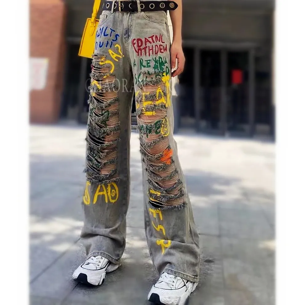 New Cool Spring Summer Womens Denim Jeans Geek Streetwear Jeans Feminino Graffit Print Ripped Holes BF Denim Trousers NZ135
New Cool Spring Summer Womens Denim Jeans Geek Streetwear Jeans Feminino Graffit Print Ripped Holes BF Denim Trousers NZ135