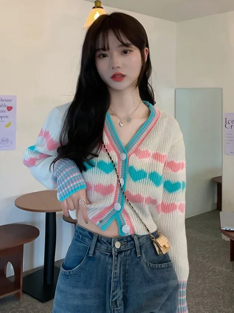 Spring and Autumn Women's Rainbow Cardigan Sweet Long Sleeve Sexy Short Knitted Sweater Korean Version Loose Fashion V-neck Top
Spring and Autumn Women's Rainbow Cardigan Sweet Long Sleeve Sexy Short Knitted Sweater Korean Version Loose Fashion V-neck Top