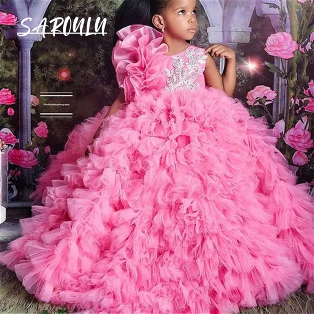 

Luxury Pink Organza Pageant Quinceanera Dresses for Little Girls Halter 3D Floral Flowers Lace Flower Girl First Communion Dress