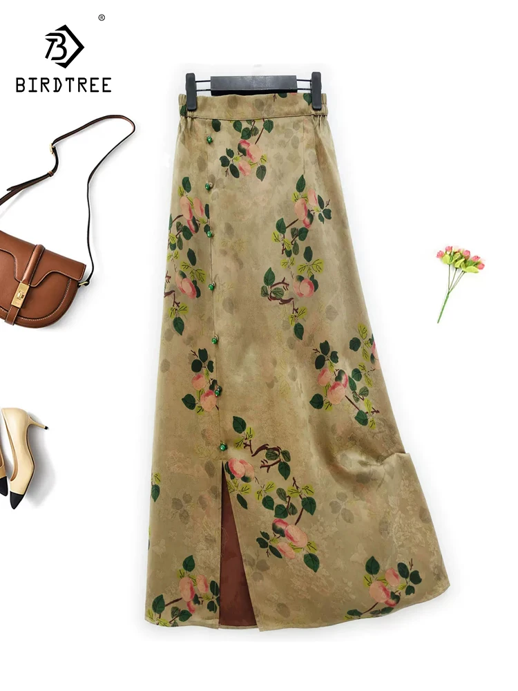 

BirdTree, 32MM Real Silk Elegant Skirt, Women Jacquard Flower A-Line Slit, Versatile Chinese Style Skirt, 2024 Summer B43659QC