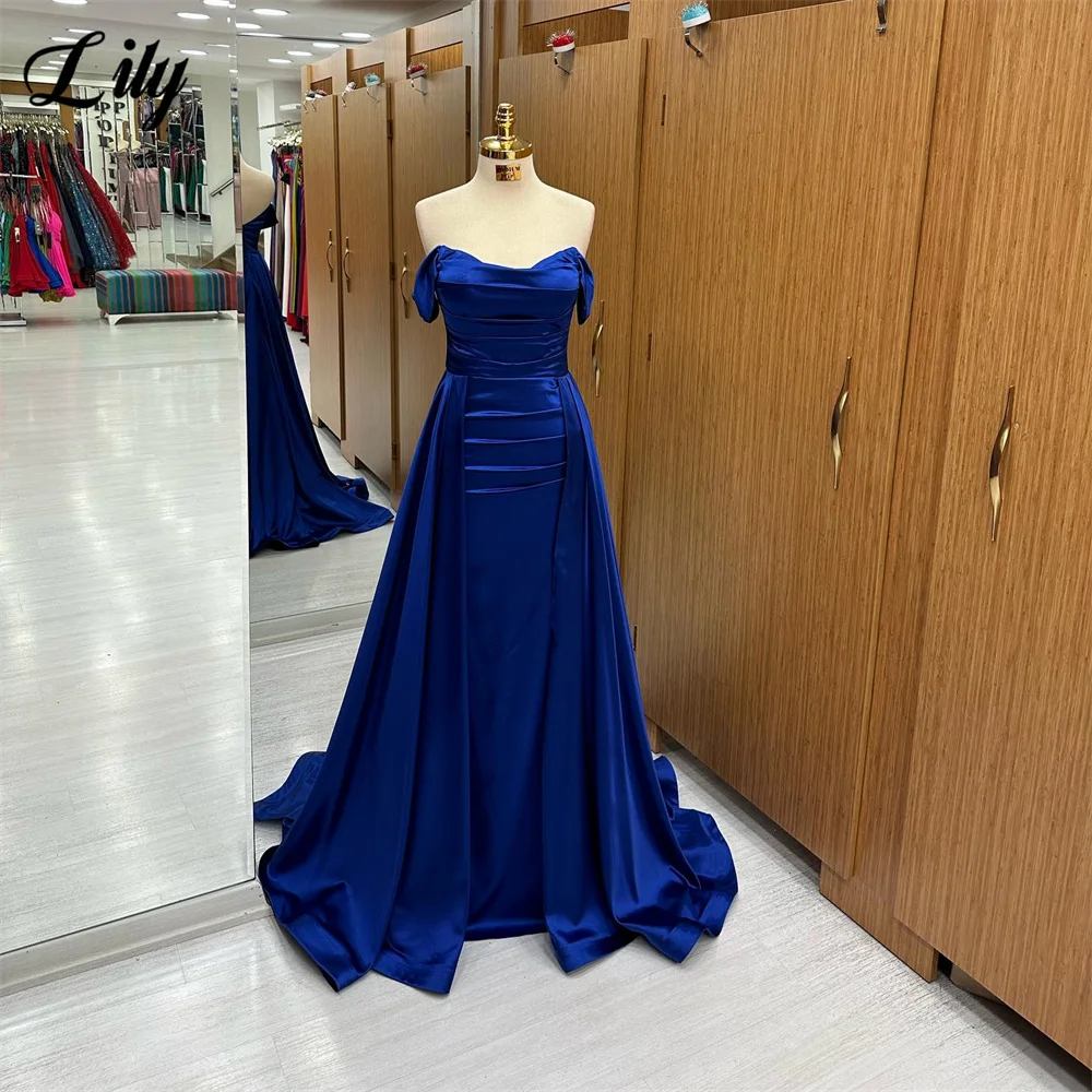 

Lily Royal Blue Prom Dress Strapless Pleats Draped Evening Dress With Pleats Classic Satin Party Dress Open Back فستان سهرة