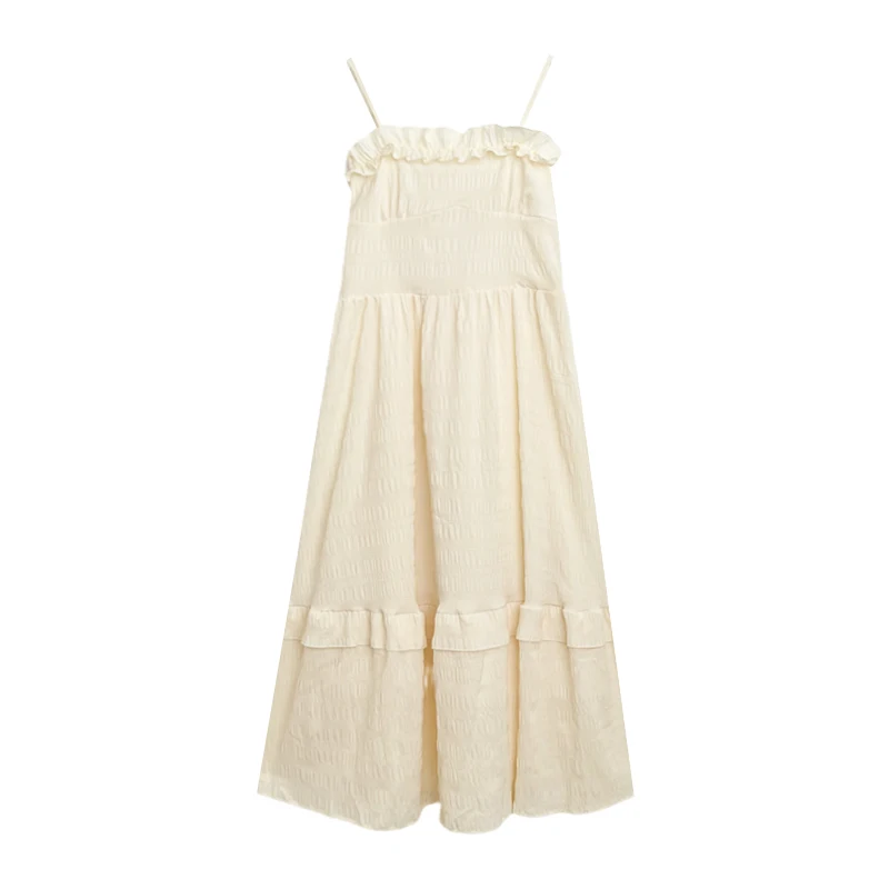 French style wooden ear edge patchwork summer high waisted mid length sling dress
French style wooden ear edge patchwork summer high waisted mid length sling dress