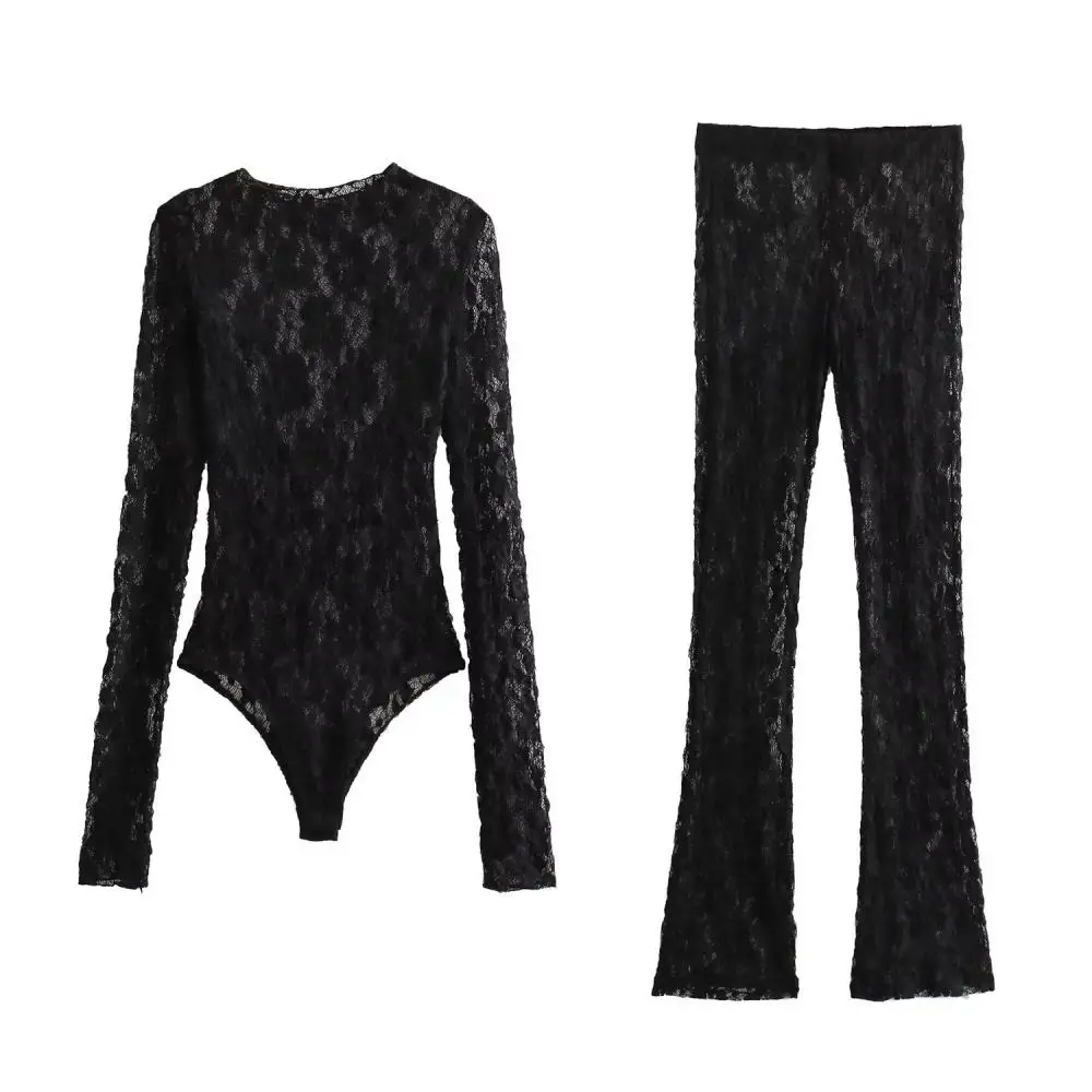 Women's Sexy Lace See Through Mesh Jumpsuits Long Sleeve Round Neck Blouse Fashion Wide Leg Pants Black Lace Long Pants Suit
Women's Sexy Lace See Through Mesh Jumpsuits Long Sleeve Round Neck Blouse Fashion Wide Leg Pants Black Lace Long Pants Suit