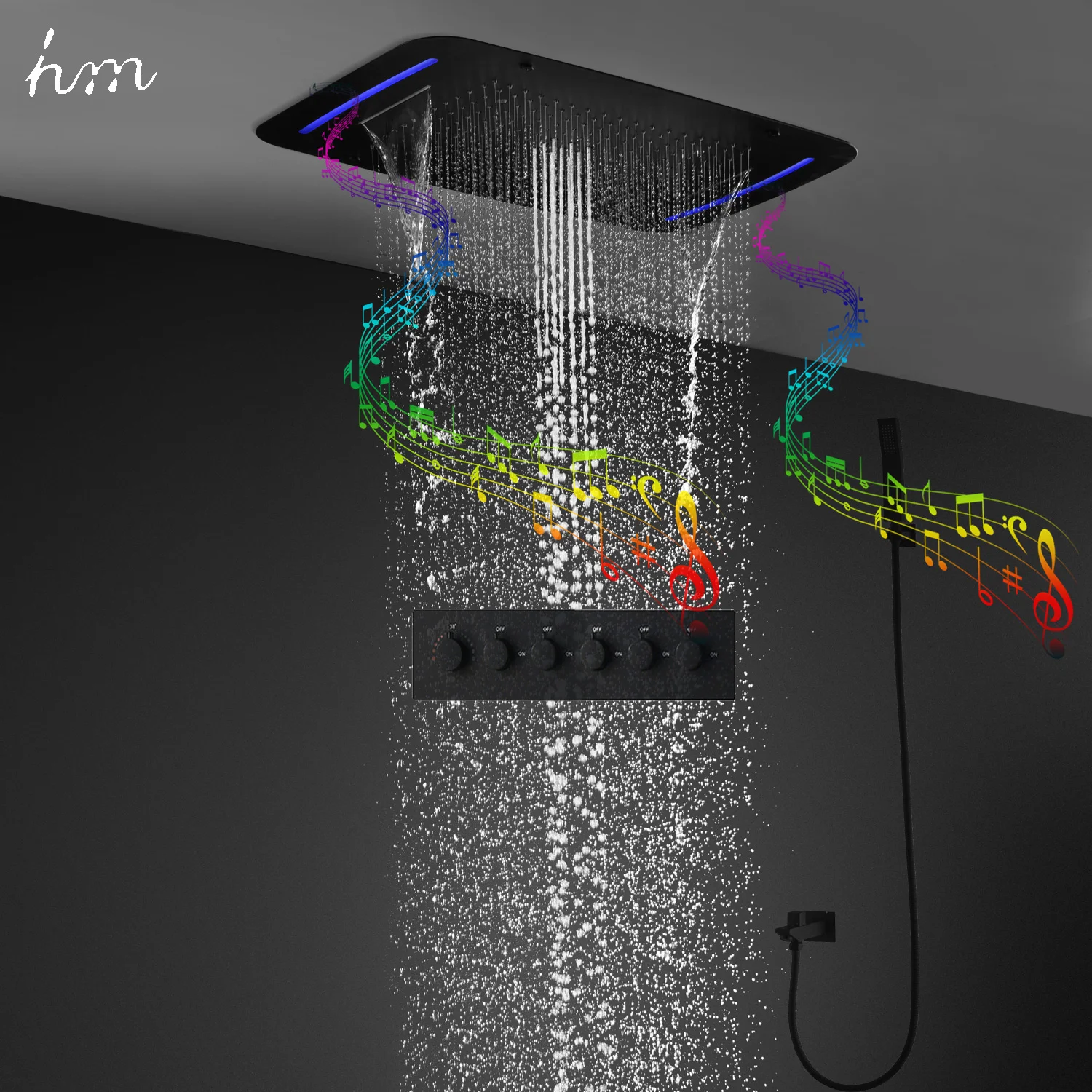 

hm Luxury Bluetooth Music LED Shower System Set Ceiling Massage Waterfall Rainfall Shower Head Panel Thermostatic Mixer Faucets