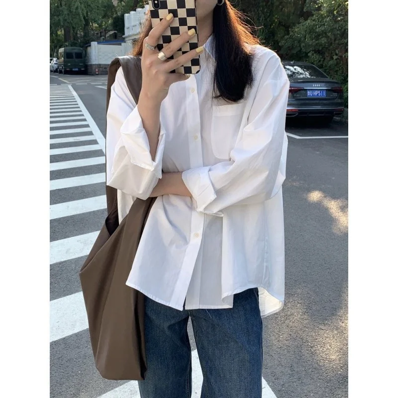 

Shirt top for women Spring and Autumn New Korean style loose design sense niche simple fashion outer wear white long sleeve shir