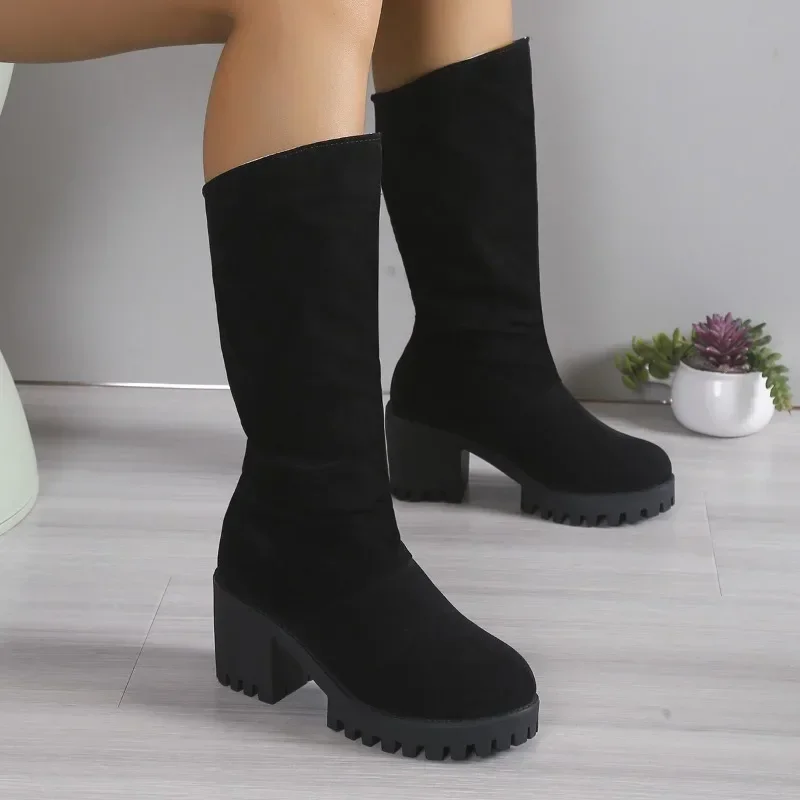 

Женские ботинки на платформе, простые черные удобные ботинки до середины икры на толстом каблуке, Осень-зима 2023