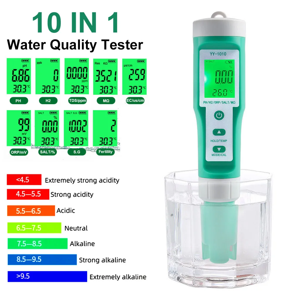 Water Quality Tester PH Meters 10-in-1 EC TDS ORP H2 Fertile Salinity S.G. Resistivity Temperature Meter Backlit LCD Display
Water Quality Tester PH Meters 10-in-1 EC TDS ORP H2 Fertile Salinity S.G. Resistivity Temperature Meter Backlit LCD Display