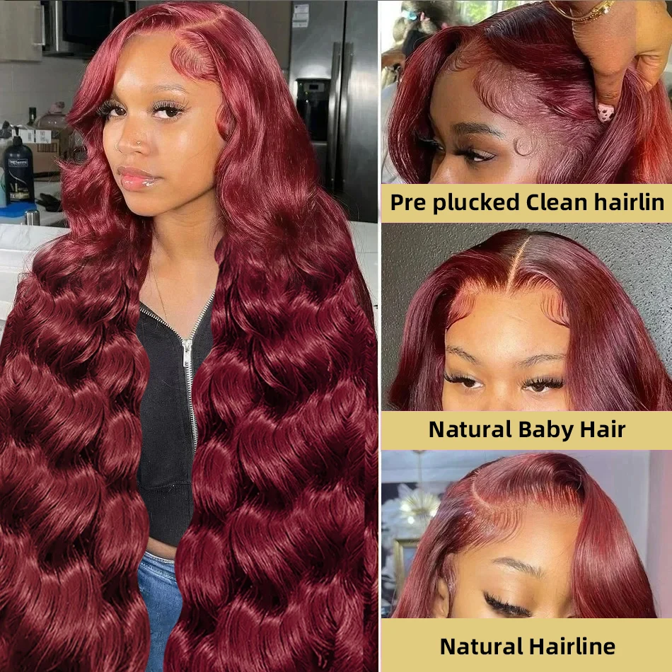 

99J Burgundy Body Wave Wig Lace Front Wig 13x4 13x6 Hd Lace Frontal Wig Human Hair Pre Plucked 220 99j Red Colored Wig For Woman