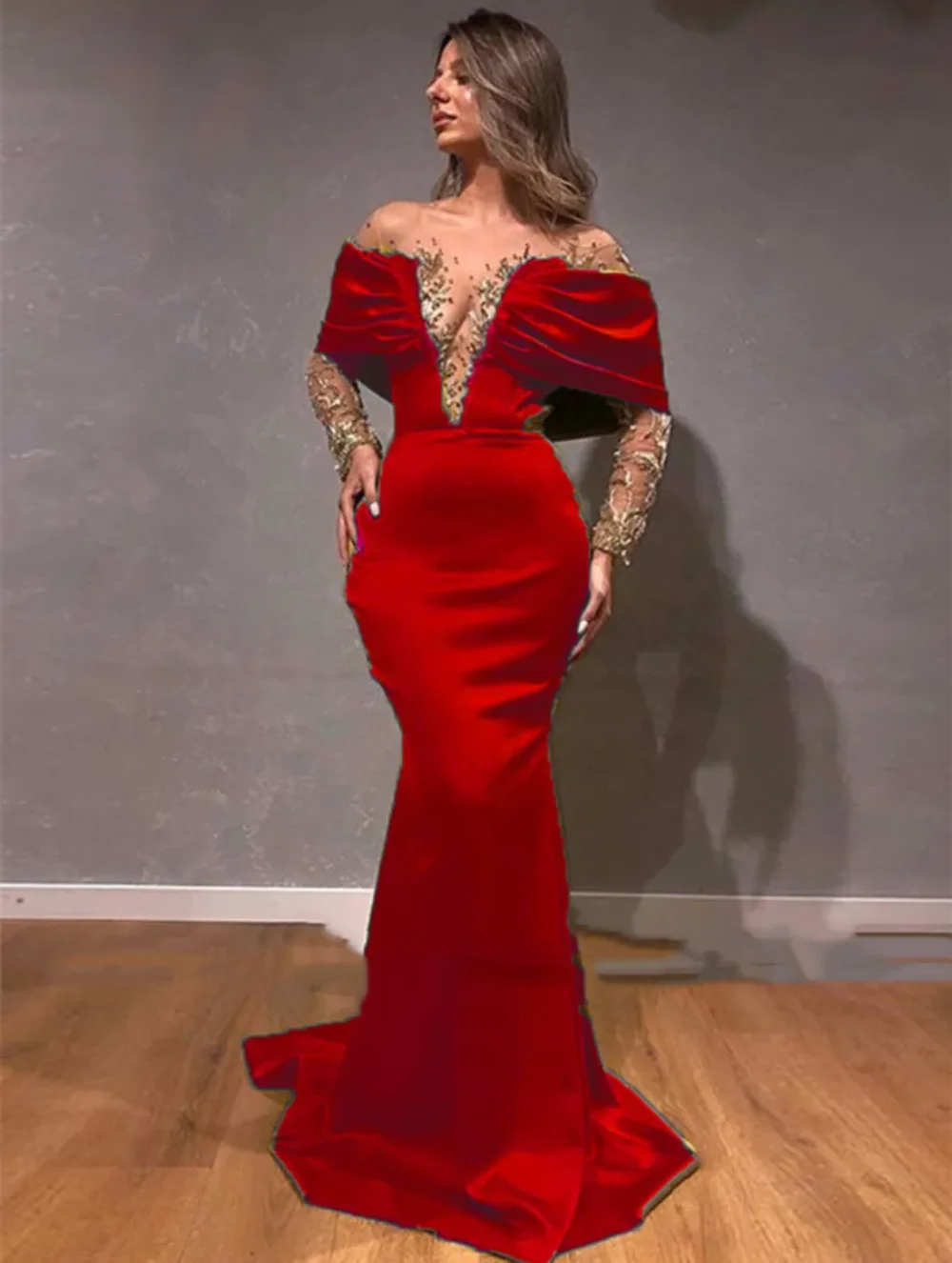 

Dubai Elegant Burgundy Trumpet Evening Dress Sweep Train 2024 Long Sleeve Sexy Illusion V-Neck Appliques Satin Prom Party Gowns