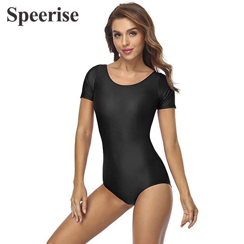 

Speerise Woman Dance Costume Leotard Gymnastics Spandex Yoga Ballerina Bodysuits Short Sleeve Ballet Dancewear Scoop Neck Adult