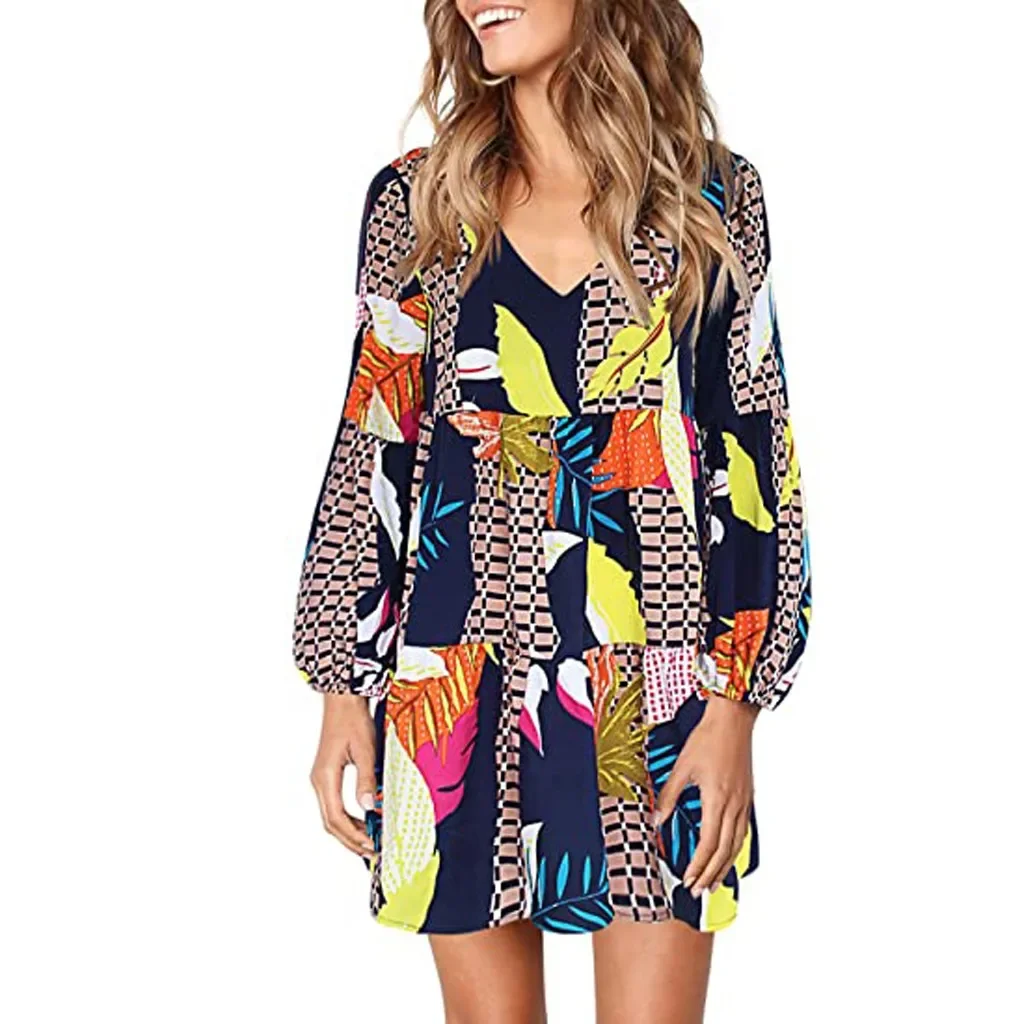 

2024 New Women's Fashion V-neck Long Sleeve Poldot Flounce Wide Casual Temperament Dress