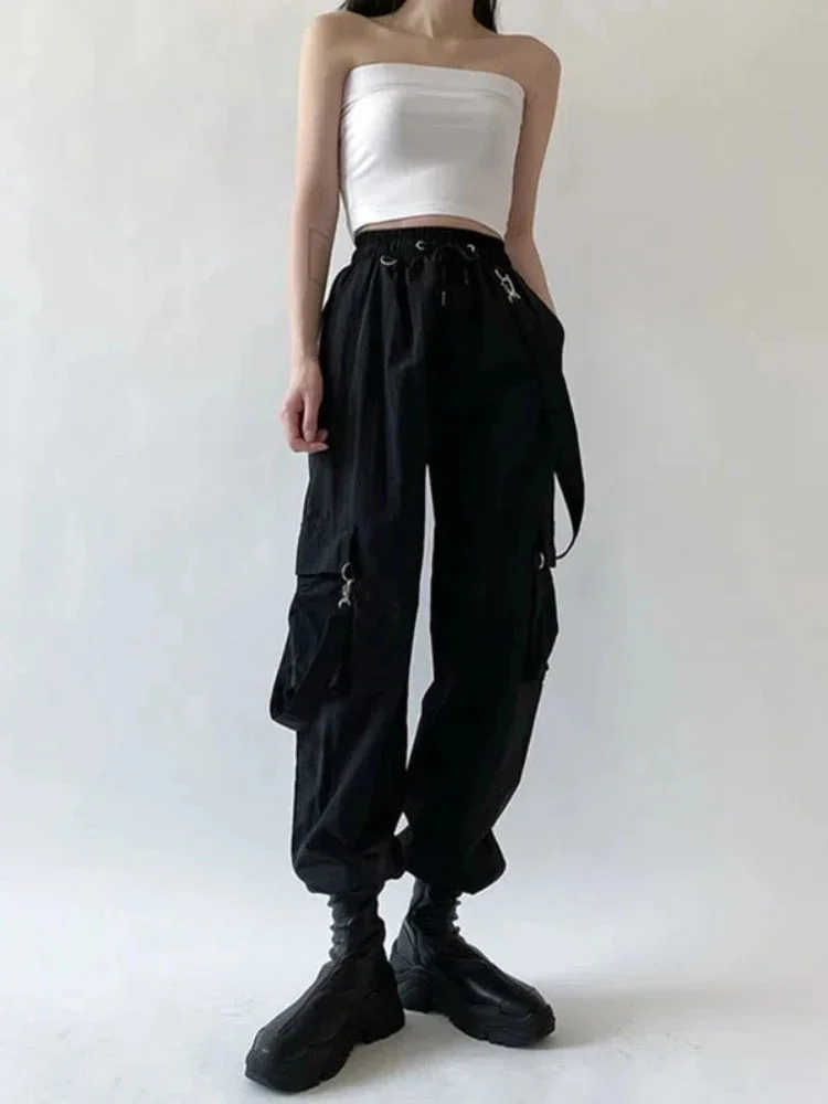 

Goth Cargo Pants Women Punk Capris Pants Harajuku High Waist Pants Oversize Detachable Strap Casual Trousers Emo Techwear