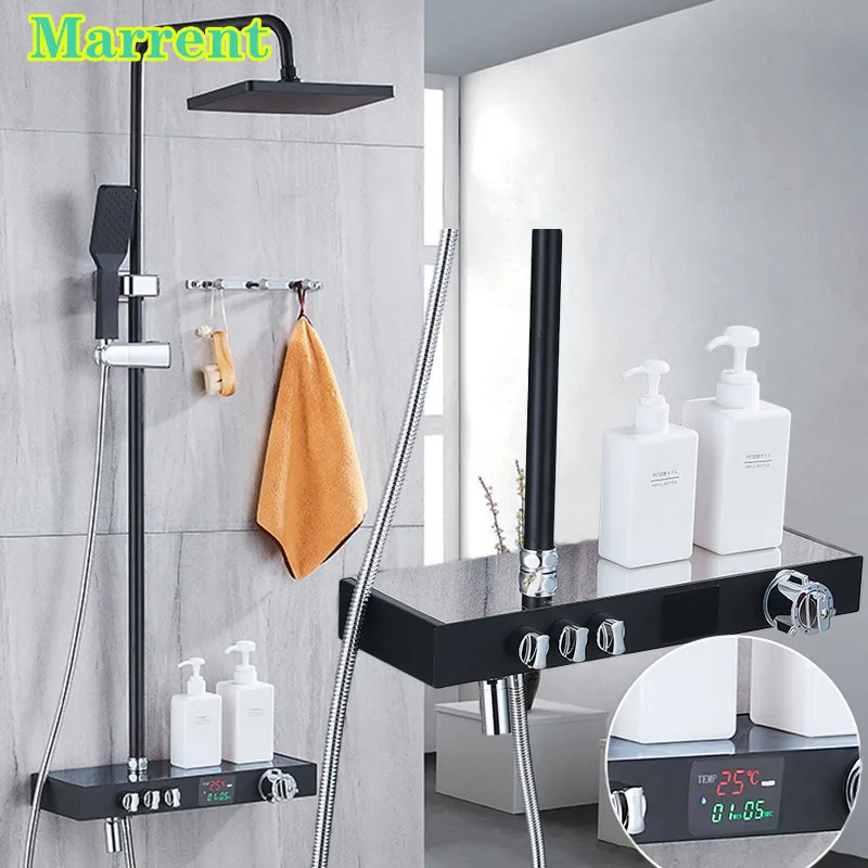 

Square Thermostatic Shower System Wall Mounted Hot Cold Bathtub Mixer Faucet Tap Led Display Digital Bathroom Shower Set