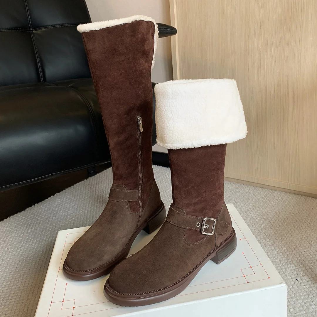 

Women's natural suede leather thick warm plush inside winter knee high snow boots ankle buckle side zip flats cold weather shoes