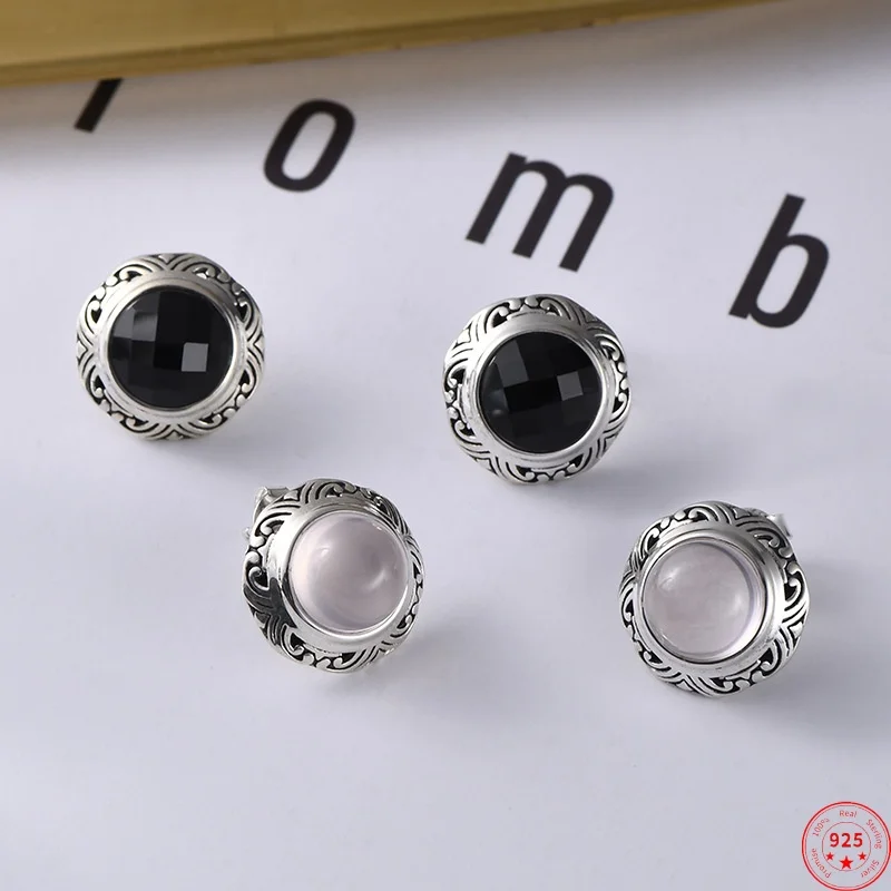 

S925 Sterling Silver Studs Earrings for Women New Fashion Ancient Totem Agate Pink Crystal Ear Studs Jewelry Free Shipping