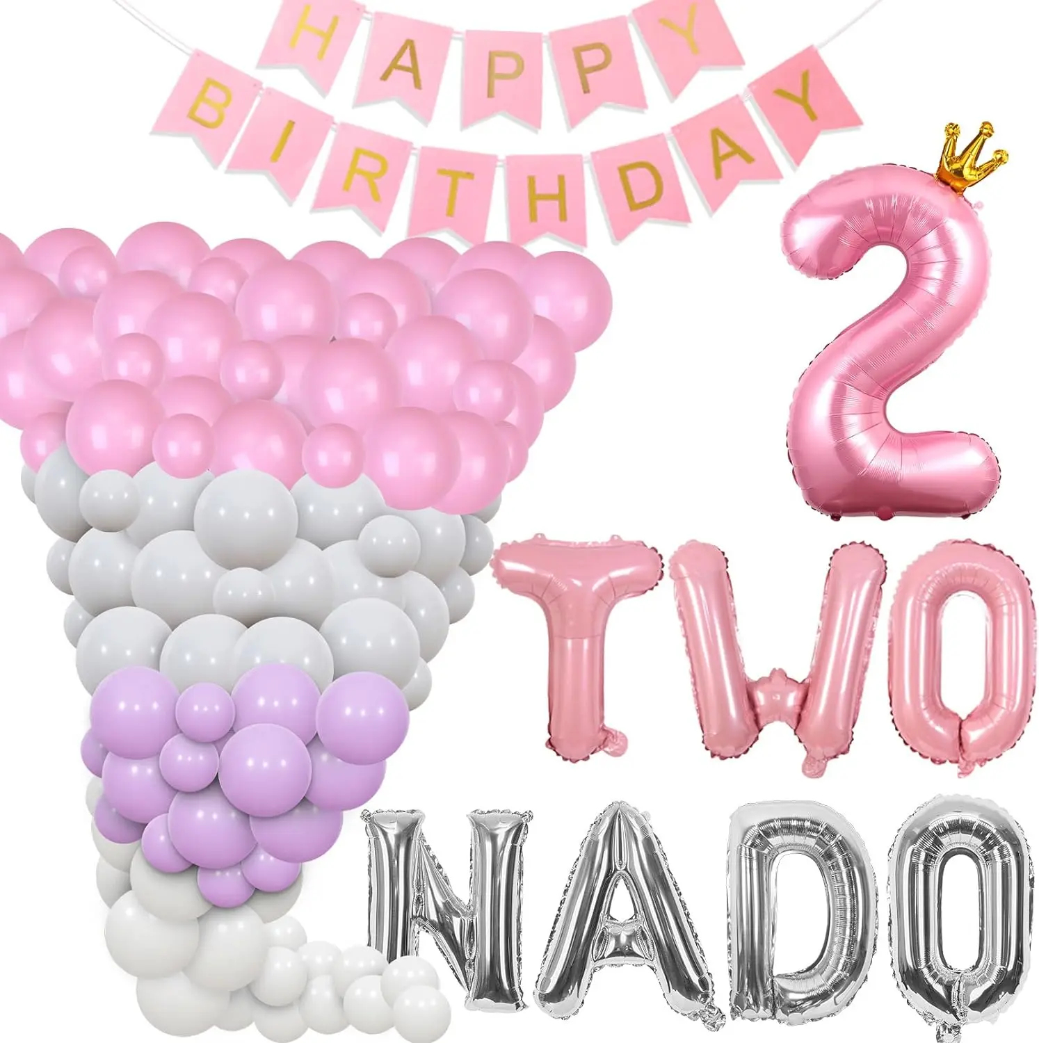 

Sursurprise Tornado 2nd Birthday Party Decor Supplies for Girls with Two Nado Banner, Pink and Purple Balloons Kit, 2 Years Old